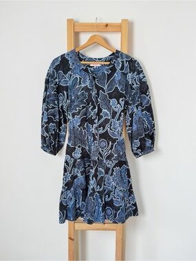 Parker Floral Cotton Mini Dress Size XXS Blue Black Botanical Print